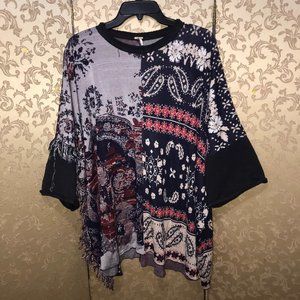 Free People Red Blue Multi-Color Paisley Pieces Oversized Sweater Size XS S